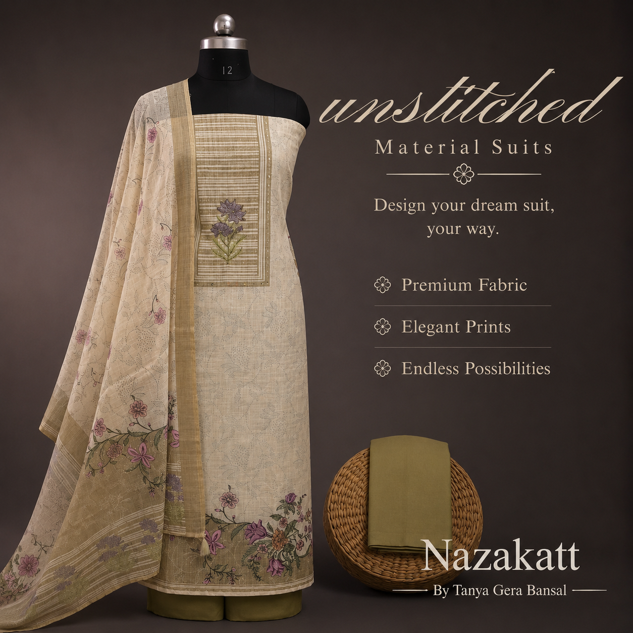 Olive Meadow Floral Unstitched Suit