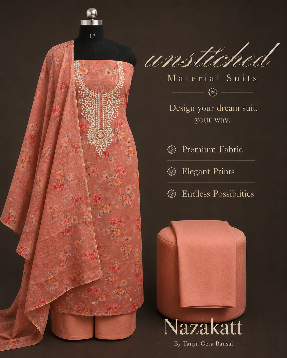 Peach Blossom Embroidered Unstitched Suit